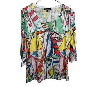 Creation Blouse Women's Medium Round Neck 3/4 Sleeve Burnout Sailboat Top